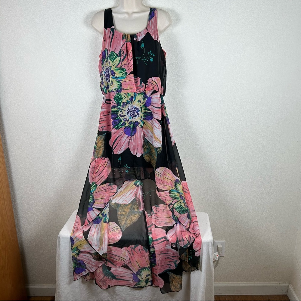 Snap Sz L sleeveless chiffon floral high-low hem Bohemian Boho Cottagecore dress